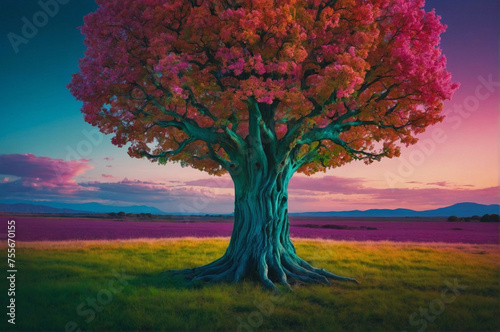 Stunning Lone Tree With Vibrant Foliage Against a Pastel Sunset Sky