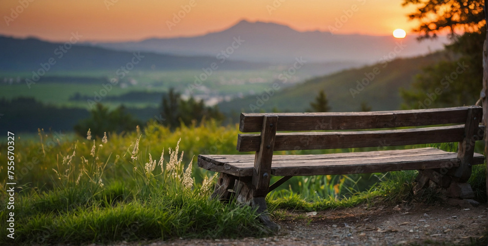 Fototapeta premium Wooden Bench on Lush Green Hillside