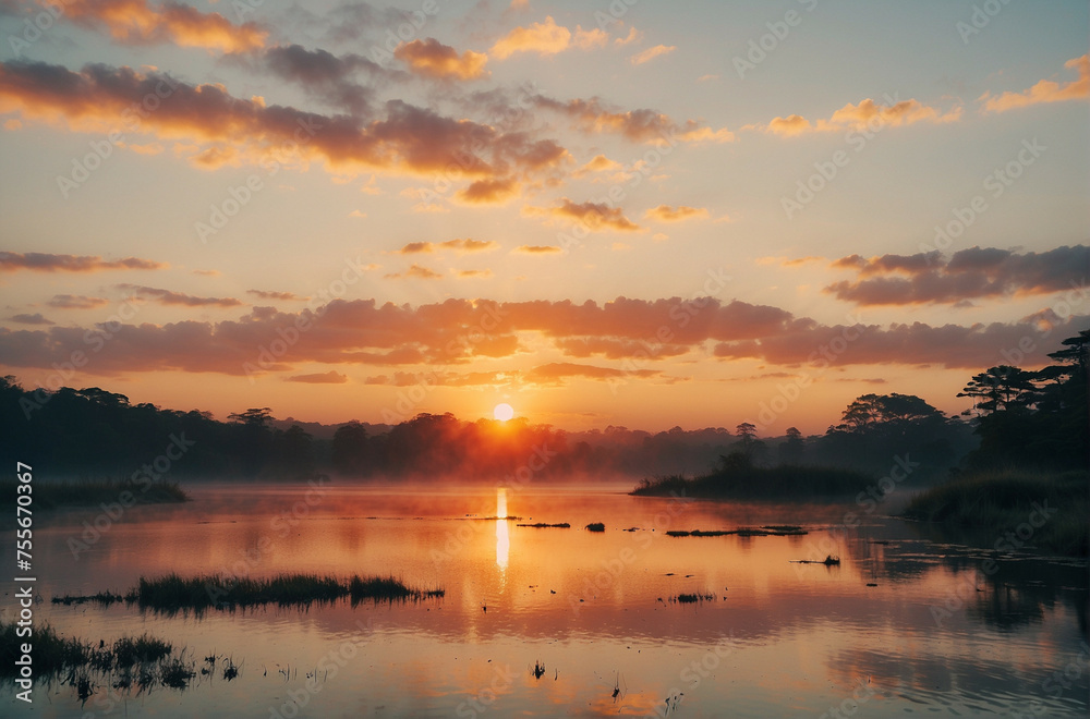 Fototapeta premium The Sun Sets Over a Body of Water