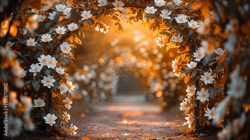 an archway filled with white flowers, in the style of bokeh panorama, light white and light gold, large format