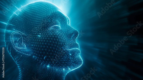 Enlightenment and Singularity - A Wireframe Human Profile Against a Blue Digital Backdrop, Symbolizing the Convergence of Technology and Consciousness photo