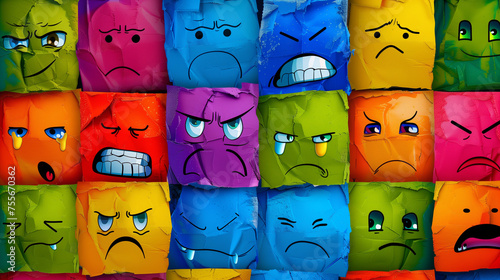 Rainbow colored squares, stickers that depict faces with different negative  emotions
