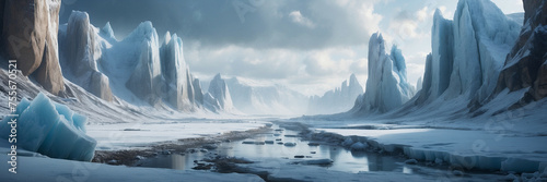 Frozen Valley During the Ice Age With Towering Glaciers and River © @uniturehd