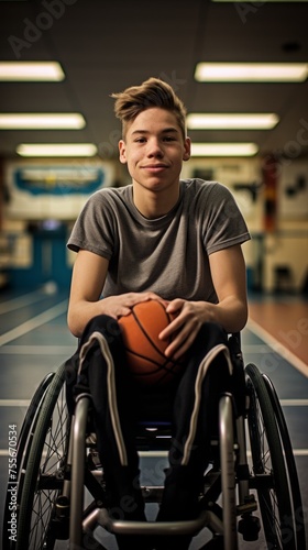 A disabled teenage boy in a wheelchair trains with a ball in the gym. Sports, health concepts.