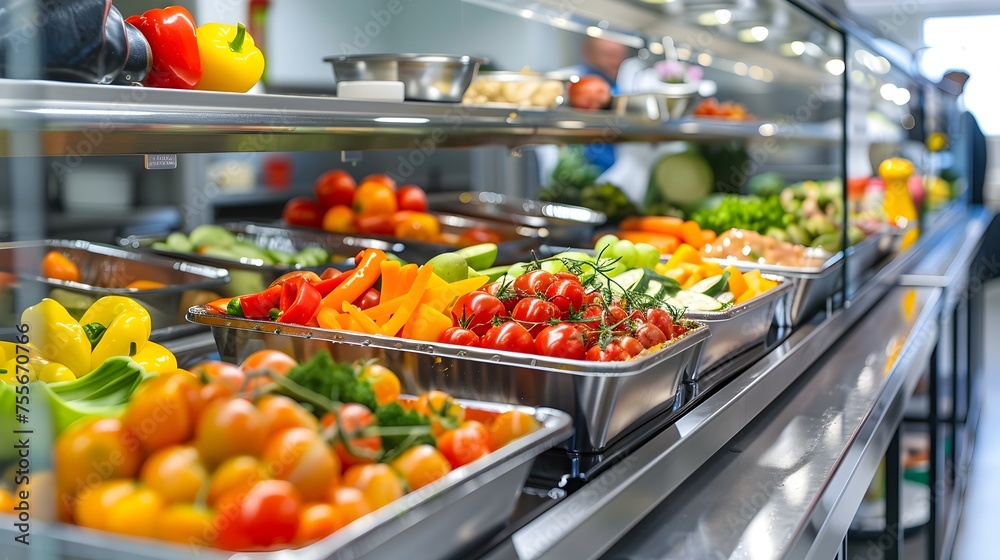Vibrant Fresh Produce in Modern School Canteen Showcasing Delicious and Healthy Lunch Options