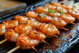 Grilled Shrimp Skewers in Asian Kitchen A Taste of Japans Exotic Street Food Culture in High-Resolution