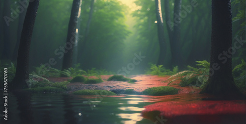 Serene Rainfall in a Lush Forest With Sunlight Filtering Through