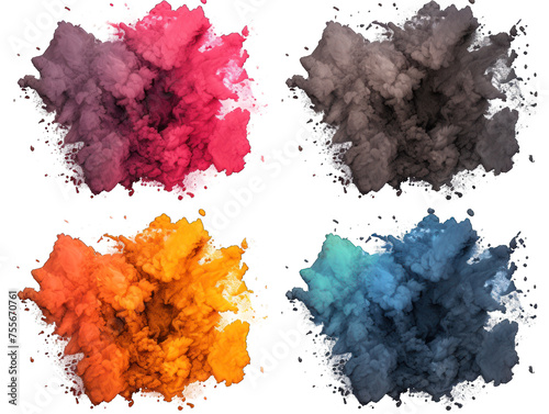 Set of colorful paint color powder festival explosion burst isolated on transparent background, transparency image, removed background