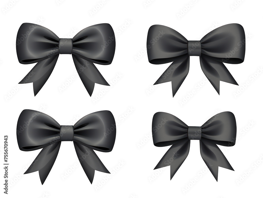Set of black satin ribbon and bow isolated on transparent background, transparency image, removed background