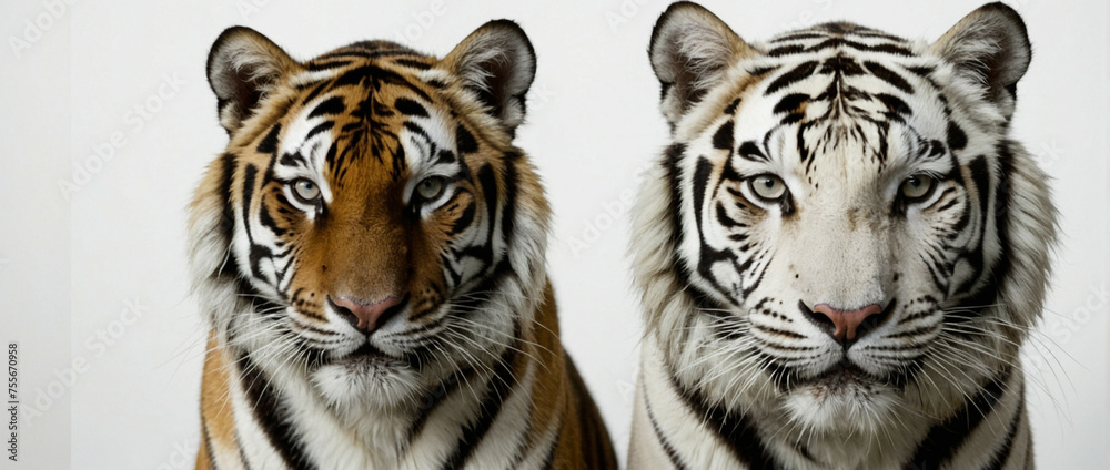 Fototapeta premium Side-By-Side Portrait of a Bengal Tiger and a White Tiger Against a White Background