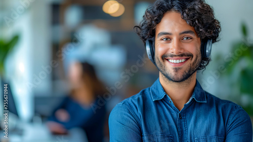 Friendly Male Customer Support Representative with Headset in a Busy Office Setting