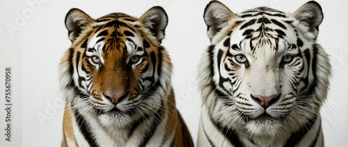 Side-By-Side Portrait of a Bengal Tiger and a White Tiger Against a White Background