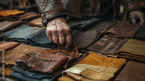 A tailor's hand running through luxurious leather materials in rich shades of chocolate brown, tan, and black, selecting the finest pieces for high-end, custom-made leather goods photo