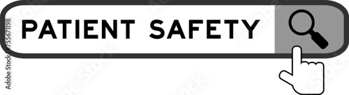 Search banner in word patient safety with hand over magnifier icon on white background