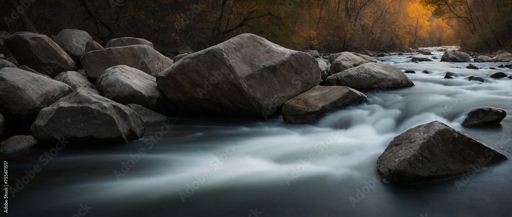 River Flowing Through Forest With Rocks River Flowing Through Forest With Rocks