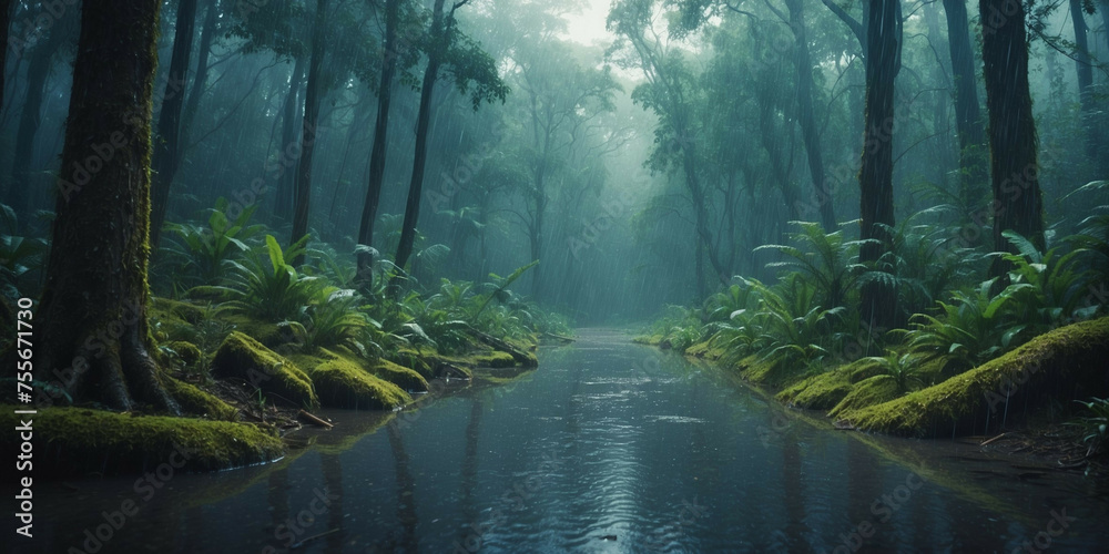 Obraz premium Stream Flowing Through Lush Green Forest