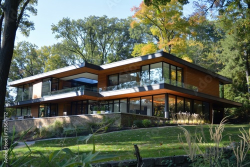 Modern house facade on a hill in the forest, architecture concept.