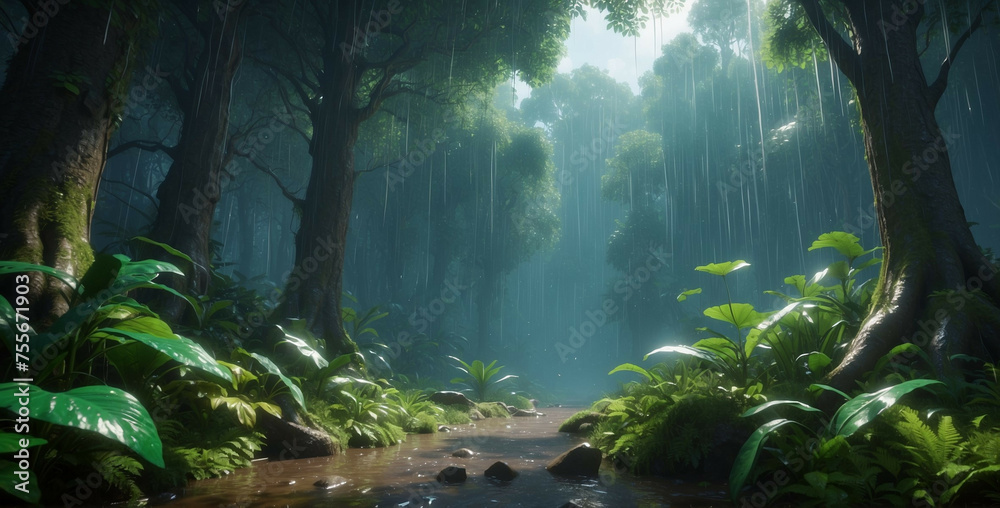 Fototapeta premium Stream Flowing Through Lush Green Forest