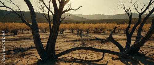 Sun Sets Over Barren Landscape With Lifeless Trees During Severe Drought