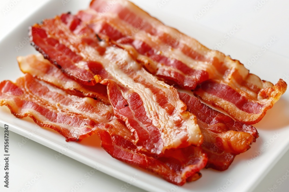 Bacon strips on a white plate, cooking concept, meal, white background. Bacon strips on a white plate, cooking concept, meal, white background.