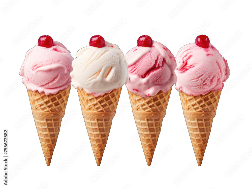 set of cherry ice cream in a cown isolated on transparent background, transparency image, removed background