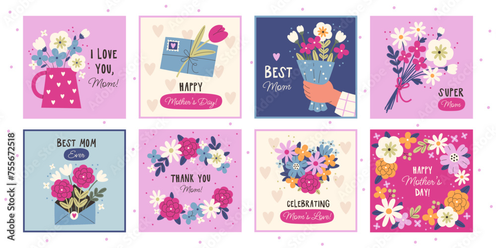 Happy mothers day greeting cards template with flowers bouquets cute design vector illustration