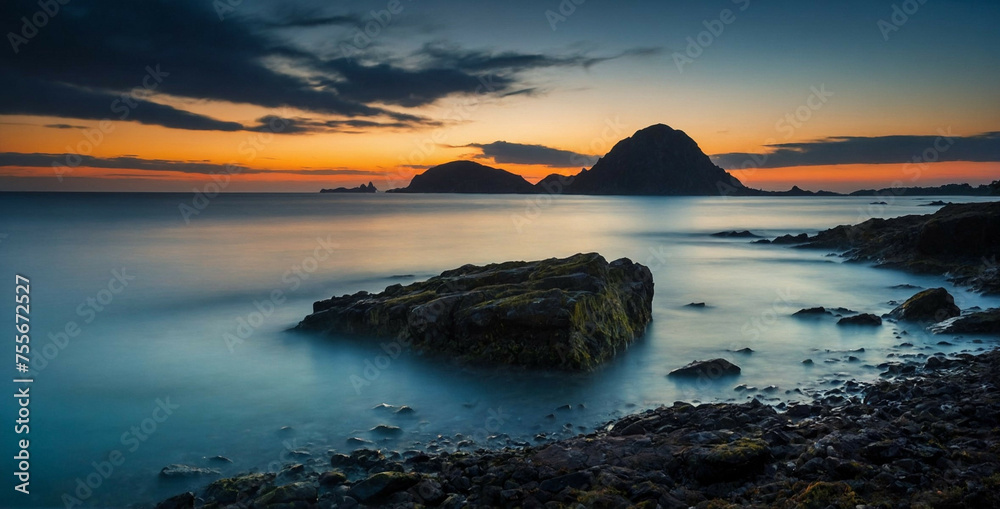 Obraz premium Tranquil Seascape at Twilight With Serene Water and Rocky Shoreline