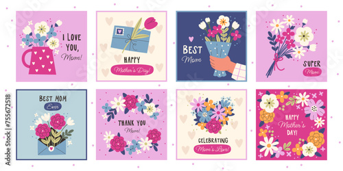 Happy mothers day greeting cards template with flowers bouquets cute design vector illustration