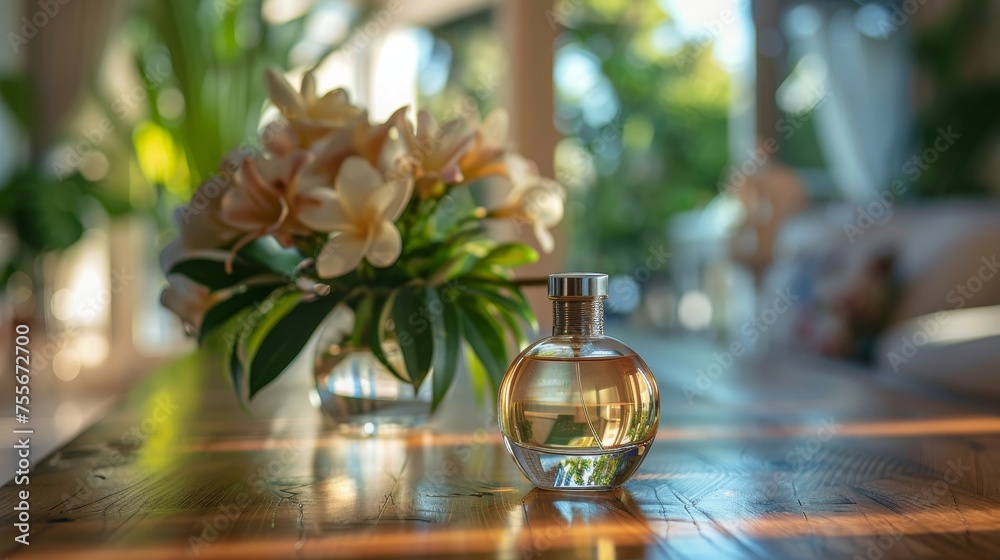 A bottle of perfume on a table. A bottle of perfume on a table.