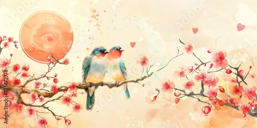 Lovebirds on a Branch: A charming illustration of two birds perched on a blooming tree branch, surrounded by delicate flowers and a heart-shaped sun water color 