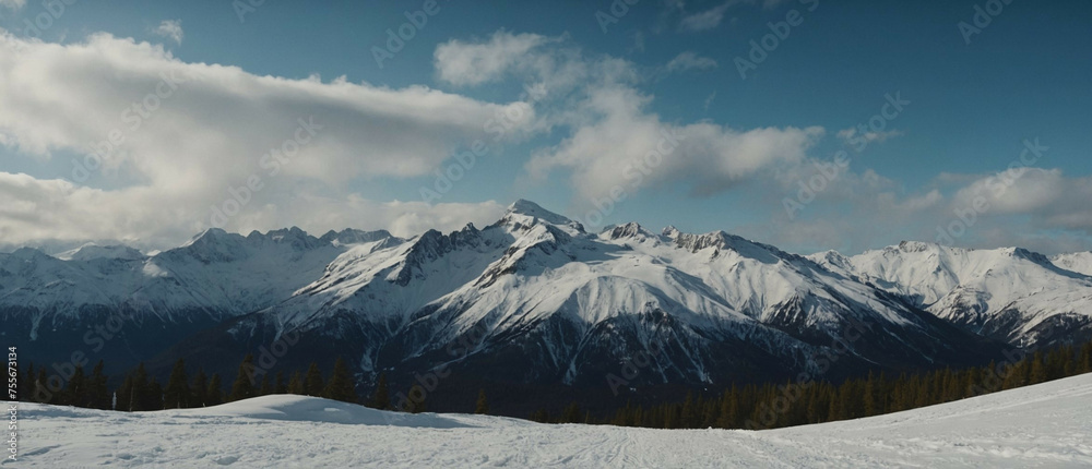 Snow Covered Mountain Range Under Cloudy Blue Sky
