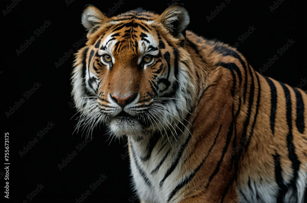 Naklejka premium Close Up of a Tiger on a Black Background