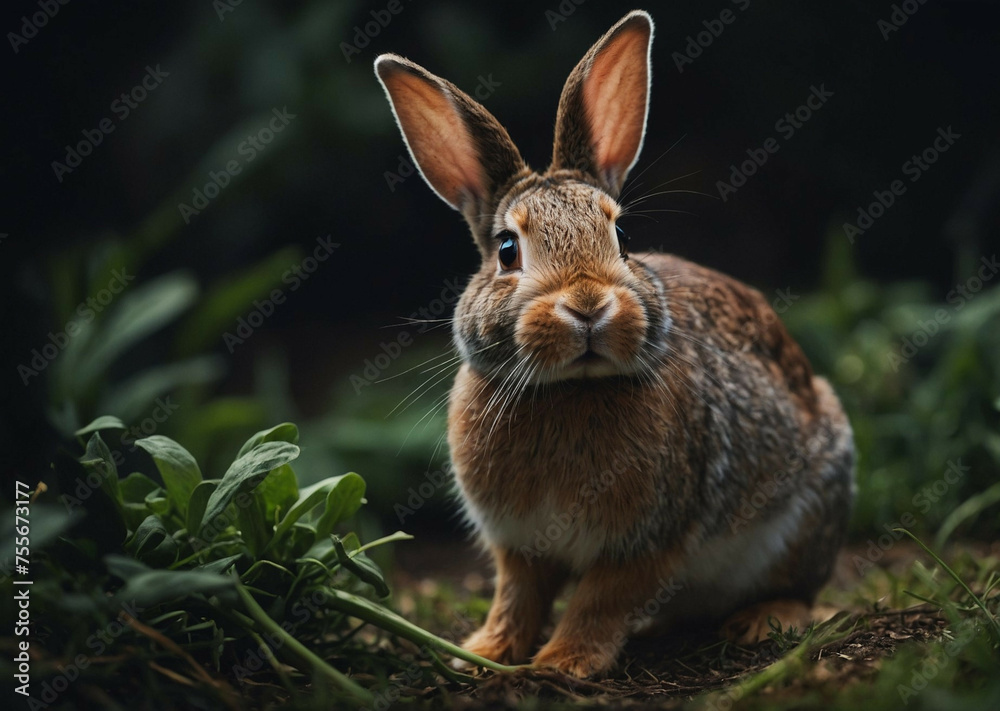 Fototapeta premium Rabbit Sitting in Grass, Looking at Camera