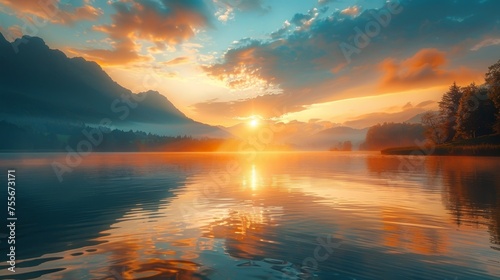 A breathtaking sunrise over the serene waters of a tranquil mountain lake