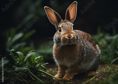 Rabbit Sitting in Grass, Looking at Camera