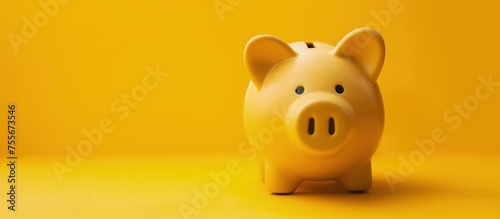 Yellow piggy bank, savings and finance concept, yellow background. photo