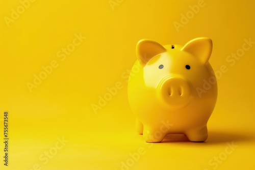Yellow piggy bank, savings and finance concept, yellow background.