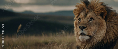 Lion Standing in Field With Mountains in Background