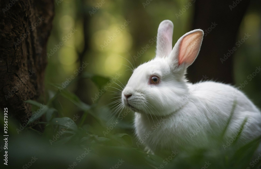 Fototapeta premium White Rabbit Alert in a Lush Green Forest