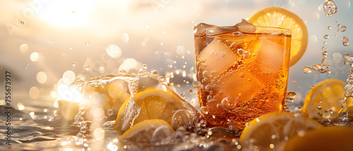 Partial underwater shot of A iced lemon tea in a  colour scheme  shot against a light background  sunlight refracting in the water with bubbles and lemon slices beside it
