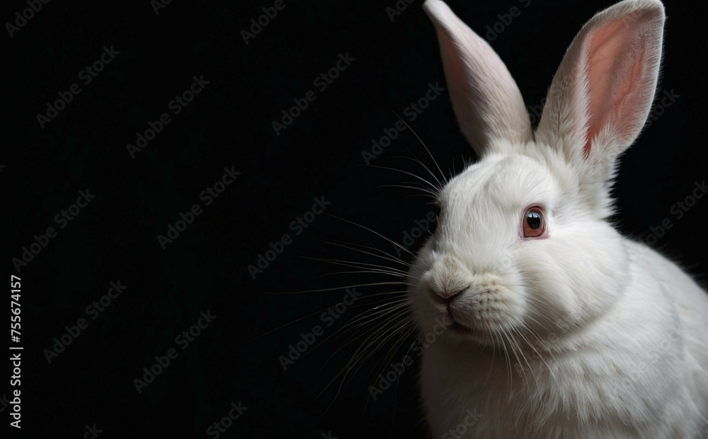 Obraz premium Close-Up Portrait of a White Rabbit Against Black Background