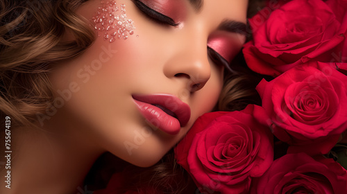 Elegant young woman with red roses, artistic makeup portrait © thodonal