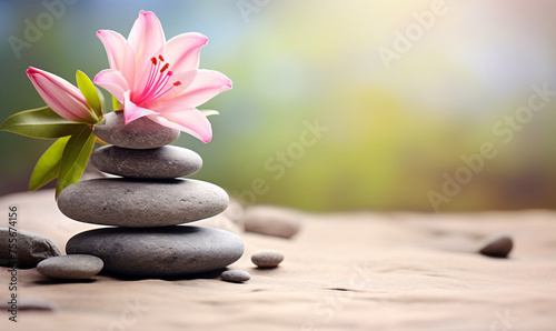 Spa still life with zen stones and flowers, yoga meditation concept illustration background