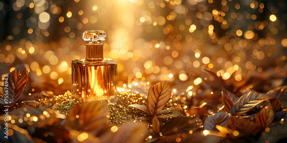 Christmas perfume bottle on festive gold background,Festive Christmas Perfume Bottle on Golden Background - obrazy, fototapety, plakaty 