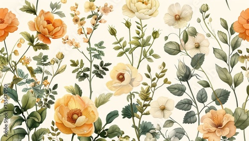 A seamless pattern of vintage botanical illustrations, featuring various flowers and plants in soft pastel tones on an off-white background.
