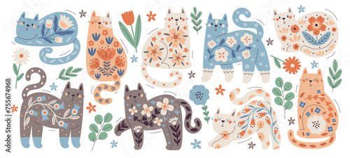 Collection of cute colorful cat with floral pattern design in Scandinavian style vector illustration