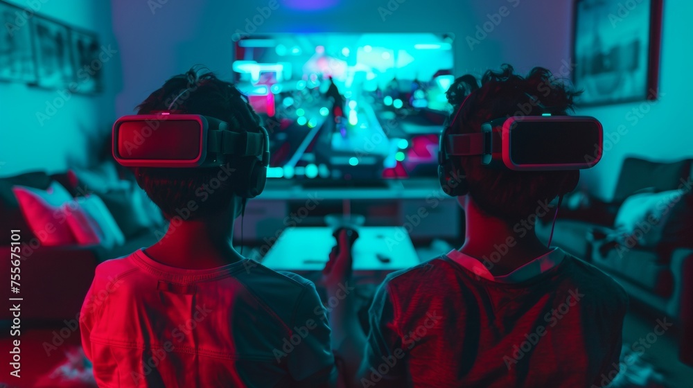 a video of people playing a video game on a tv, in the style of robotics kids, dark teal and light red a video of people playing a video game on a tv, in the style of robotics kids, dark teal and light red