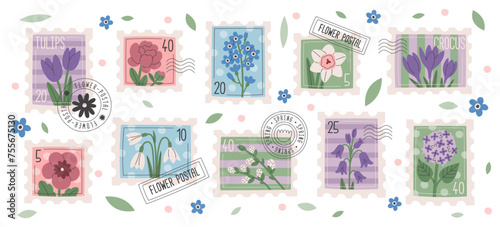 Postage stamps, post cards, sticky postmarks with spring flowers design vector illustration