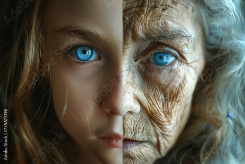 A splitscreen photo of an old woman and young girl, their faces melting into one another.  photo