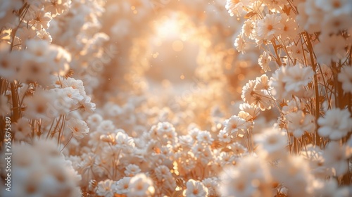an archway filled with white flowers, in the style of bokeh panorama, light white and light gold, large format
